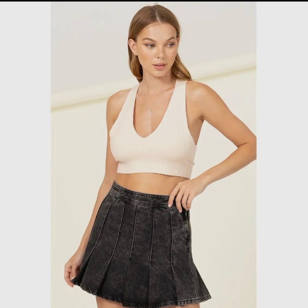 Halter Neck Ribbed Crop Top with Back Tie Detail